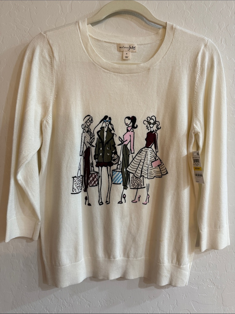 Maison Jules Cream Crewneck Sweater with Fashion Illustration